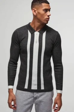 Long Sleeve Muscle Fit Stripe Knit Polo