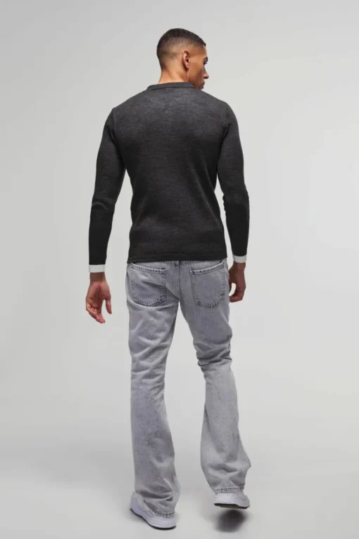 Long Sleeve Muscle Fit Stripe Knit Polo