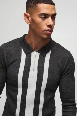 Long Sleeve Muscle Fit Stripe Knit Polo
