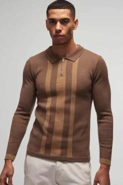 Long Sleeve Muscle Fit Stripe Knit Polo