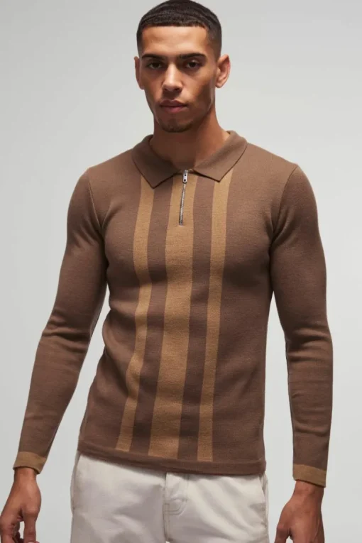 Long Sleeve Muscle Fit Stripe Knit Polo