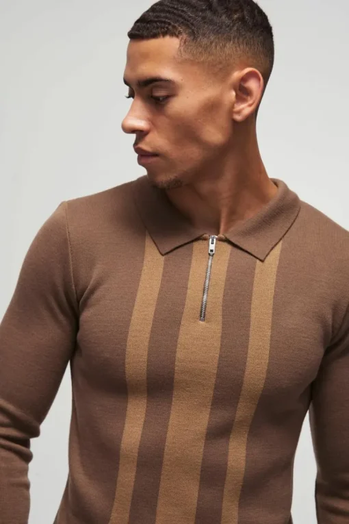 Long Sleeve Muscle Fit Stripe Knit Polo