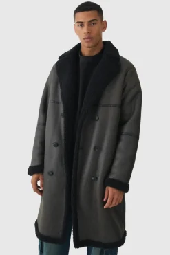 Longline Double Breasted Borg Overcoat In Dark Brown