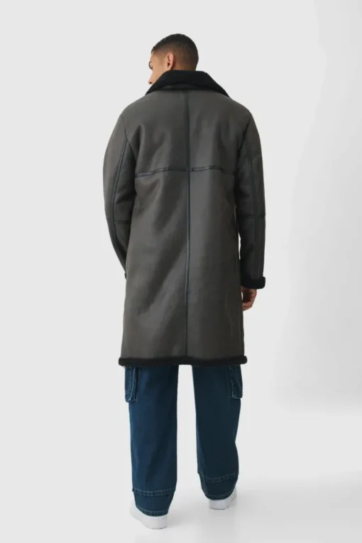 Longline Double Breasted Borg Overcoat In Dark Brown