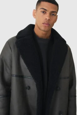 Longline Double Breasted Borg Overcoat In Dark Brown