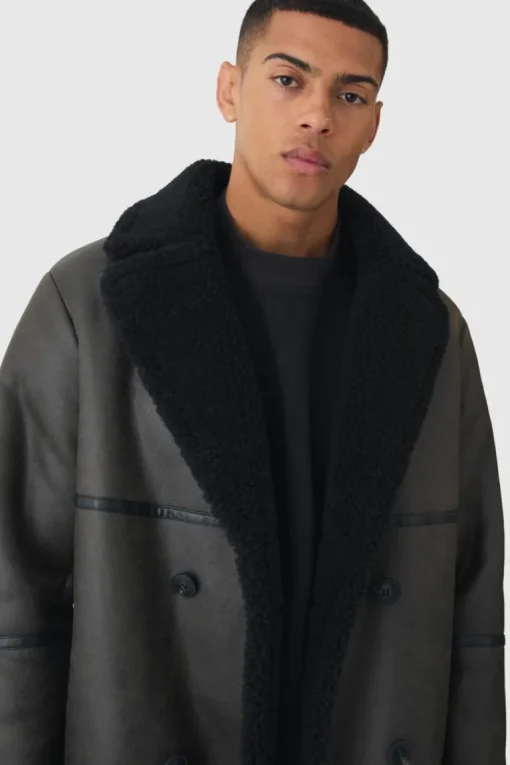 Longline Double Breasted Borg Overcoat In Dark Brown