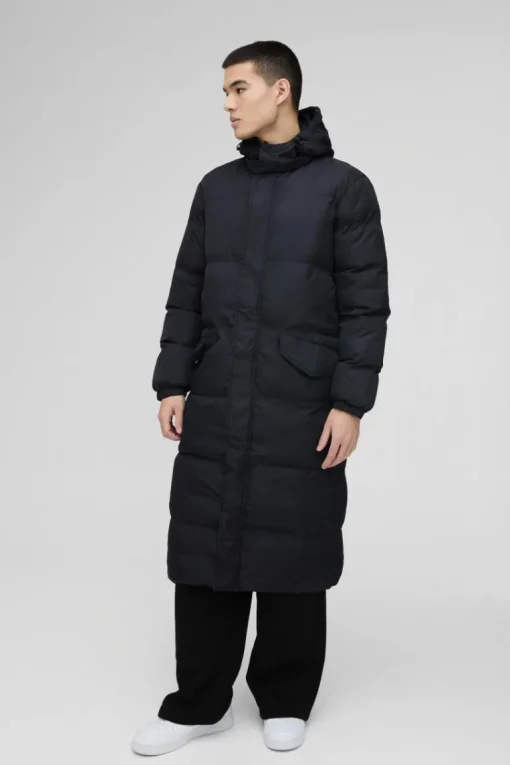 Longline Hooded Puffer in Black
