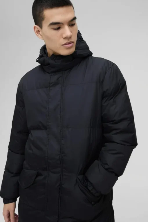 Longline Hooded Puffer in Black