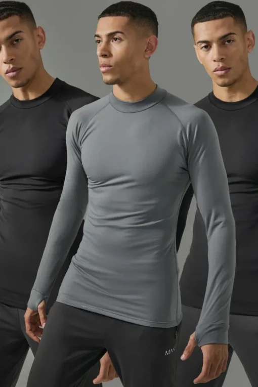 Man Active 3 Pack Long Sleeved High Neck Base Layer