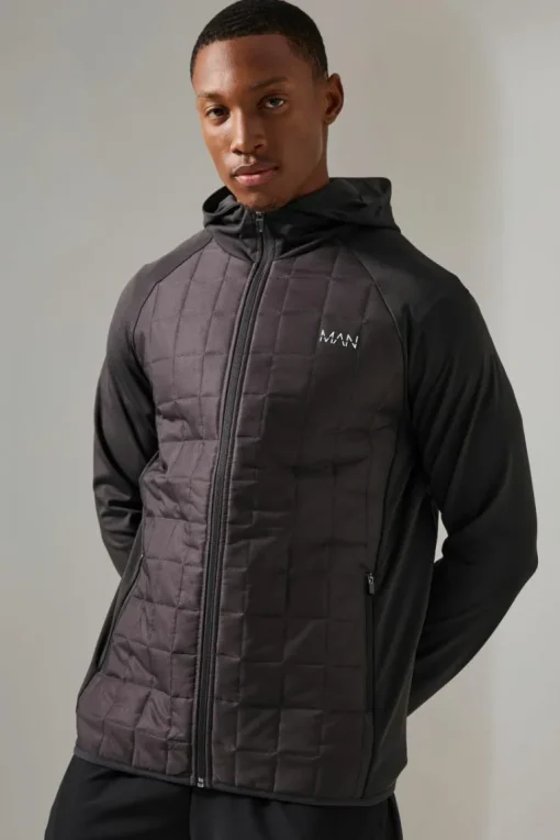 Man Active Check Quilted Zip Through Hoodie