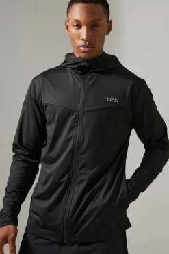 Man Active Fleece Back Performance Slim Fit Zip Through Hoodie
