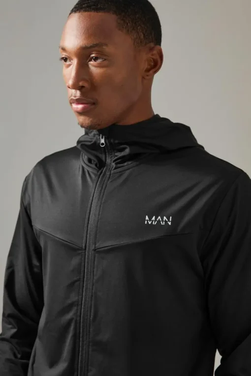 Man Active Fleece Back Performance Slim Fit Zip Through Hoodie
