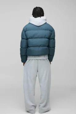 Man Boxy Fit Funnel Neck Puffer Coat In Slate