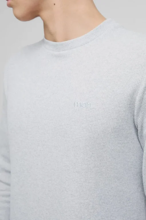 Man Embroidered Long Sleeve Waffle T-Shirt
