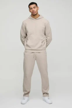 Man Embroidered Waffle Hooded Tracksuit