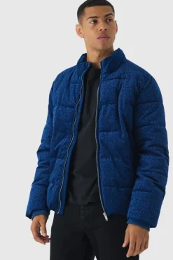 Man Printed Velour Funnel Neck Puffer In Navy