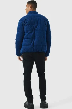 Man Printed Velour Funnel Neck Puffer In Navy