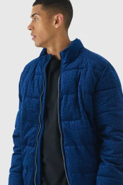 Man Printed Velour Funnel Neck Puffer In Navy