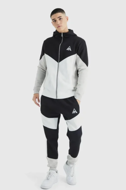 Man Slim Funnel Hooded Colour Block Tracksuit