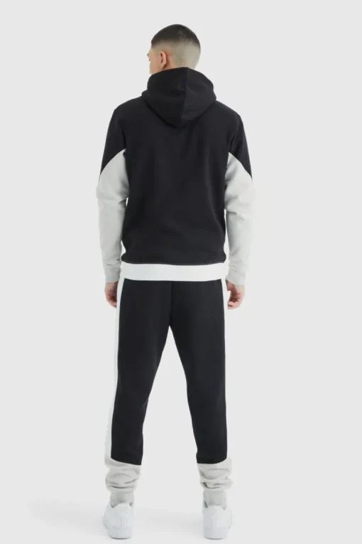 Man Slim Funnel Hooded Colour Block Tracksuit