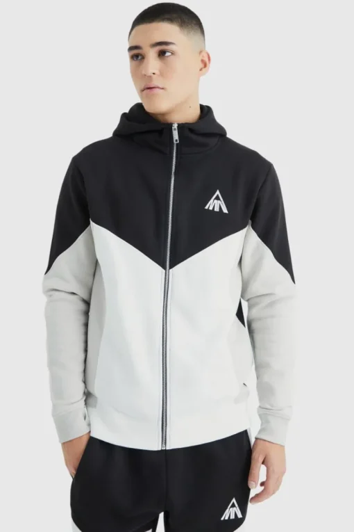 Man Slim Funnel Hooded Colour Block Tracksuit