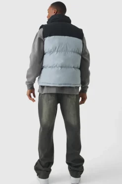 Man Tab Colour Block Puffer Funnel Neck Gilet In Grey