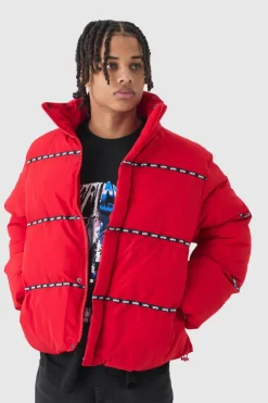 Man Tape Funnel Neck Puffer Coat In Red