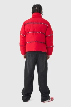 Man Tape Funnel Neck Puffer Coat In Red