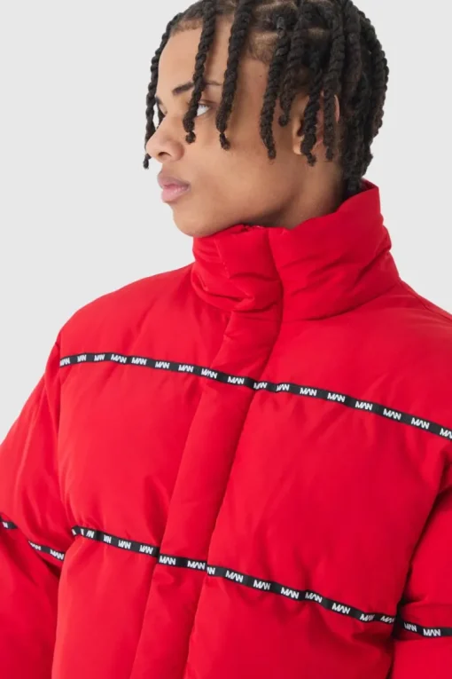 Man Tape Funnel Neck Puffer Coat In Red