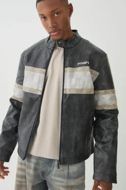 Man Washed Pu Moto Biker Jacket In Grey