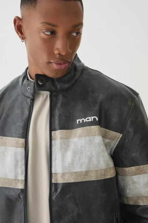 Man Washed Pu Moto Biker Jacket In Grey
