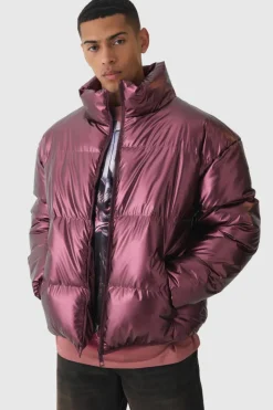Metallic Funnel Neck Puffer In Wine