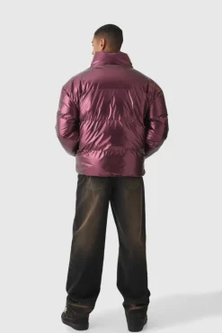 Metallic Funnel Neck Puffer In Wine