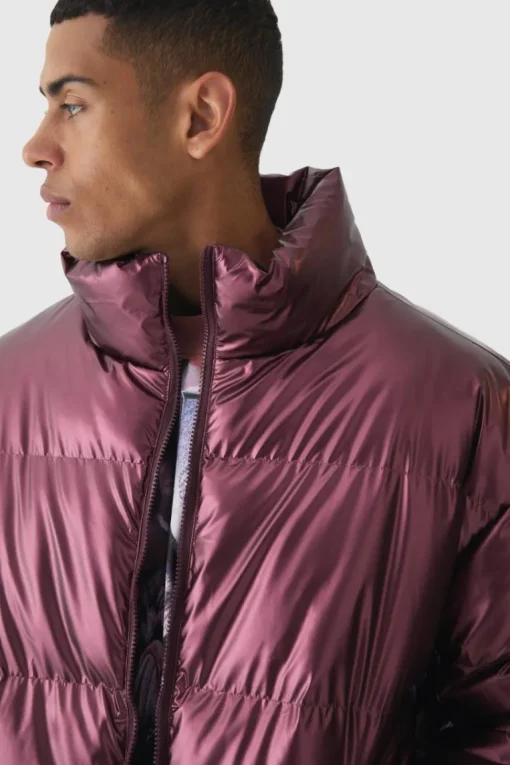 Metallic Funnel Neck Puffer In Wine