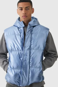 Metallic Hooded Puffer Gilet In Light Blue