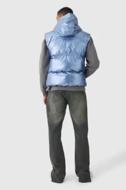 Metallic Hooded Puffer Gilet In Light Blue