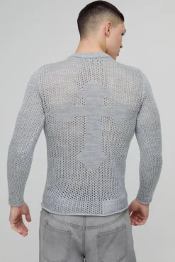 Muscle Fit Open Stitch Cross Graphic Long Sleeve Knitted T-Shirt