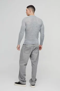 Muscle Fit Open Stitch Cross Graphic Long Sleeve Knitted T-Shirt