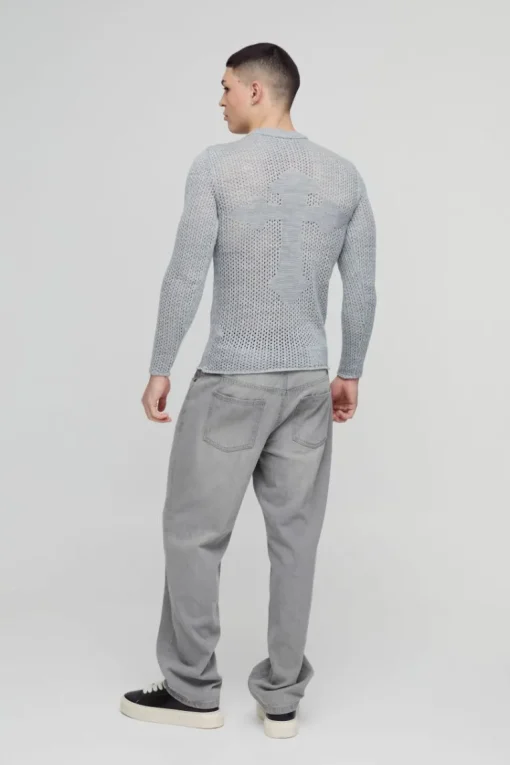 Muscle Fit Open Stitch Cross Graphic Long Sleeve Knitted T-Shirt
