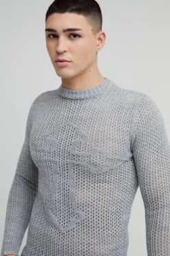 Muscle Fit Open Stitch Cross Graphic Long Sleeve Knitted T-Shirt