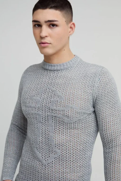 Muscle Fit Open Stitch Cross Graphic Long Sleeve Knitted T-Shirt