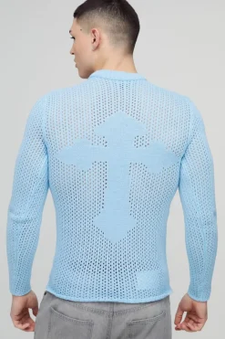 Muscle Fit Open Stitch Cross Graphic Long Sleeve Knitted T-Shirt