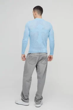 Muscle Fit Open Stitch Cross Graphic Long Sleeve Knitted T-Shirt