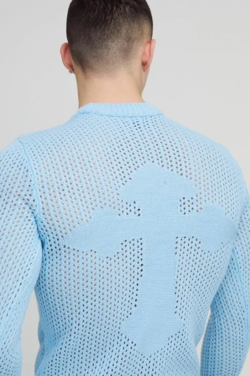 Muscle Fit Open Stitch Cross Graphic Long Sleeve Knitted T-Shirt