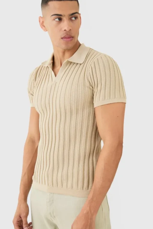 Muscle Fit Revere Ribbed Knit Polo