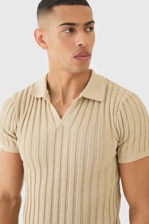 Muscle Fit Revere Ribbed Knit Polo