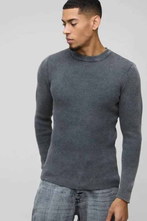 Muscle Fit Ribbed Acid Wash Knitted Jumper