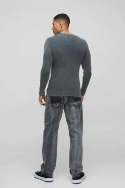 Muscle Fit Ribbed Acid Wash Knitted Jumper
