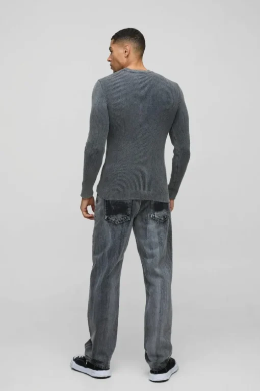 Muscle Fit Ribbed Acid Wash Knitted Jumper