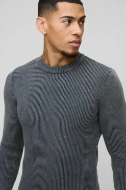Muscle Fit Ribbed Acid Wash Knitted Jumper